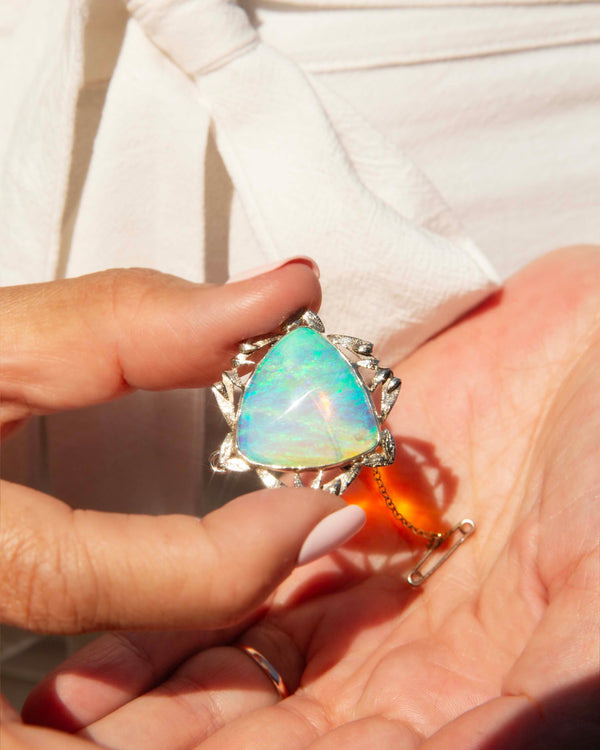 Anuhea 1950s Trilliant Crystal Opal Brooch 9ct White Gold Brooches Imperial Jewellery 