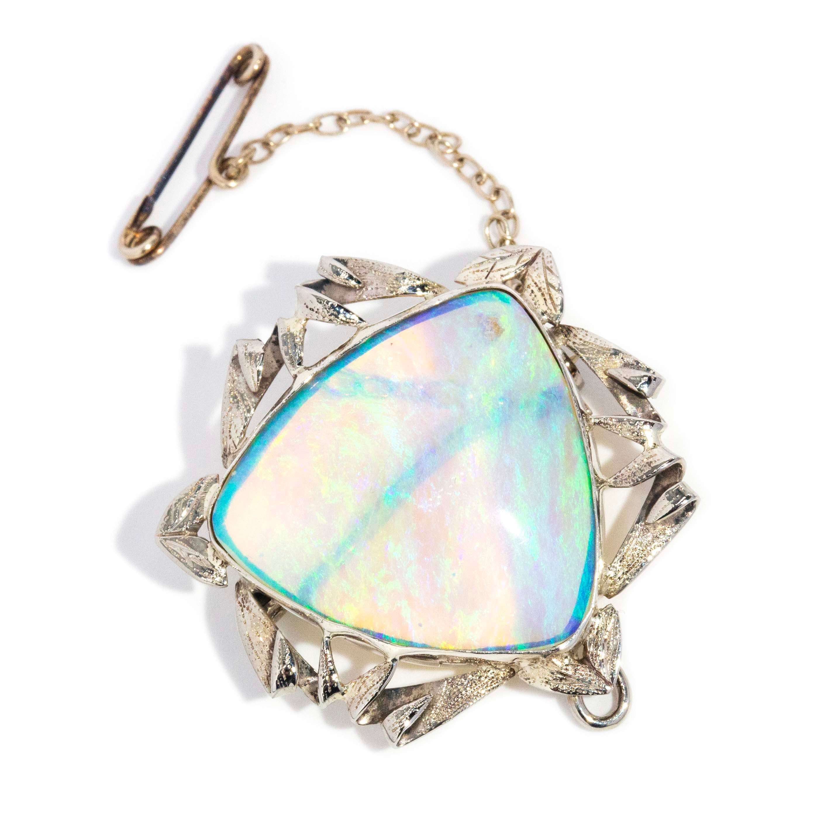 Anuhea 1950s Trilliant Crystal Opal Brooch 9ct White Gold Brooches Imperial Jewellery 