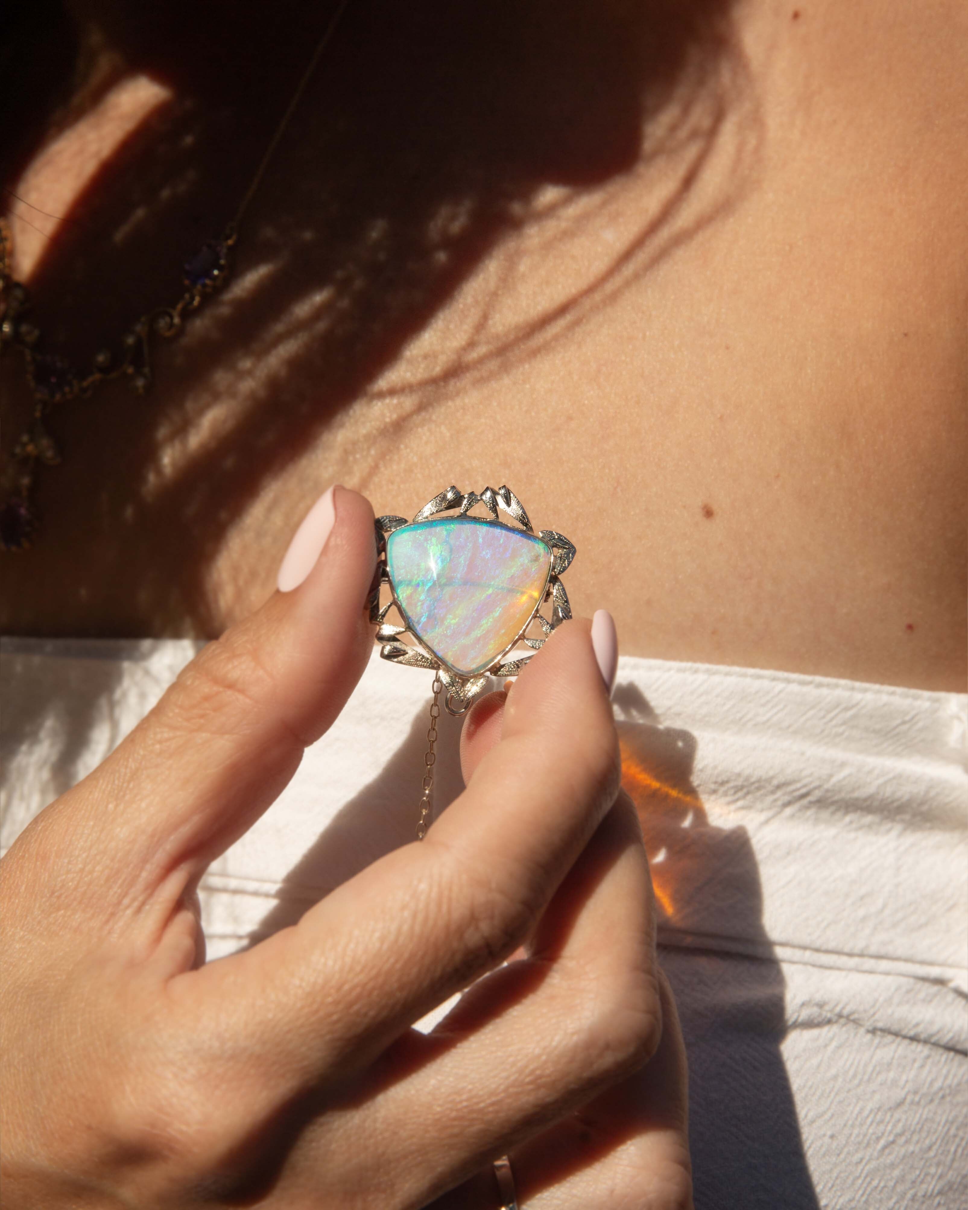 Anuhea 1950s Trilliant Crystal Opal Brooch 9ct White Gold Brooches Imperial Jewellery 