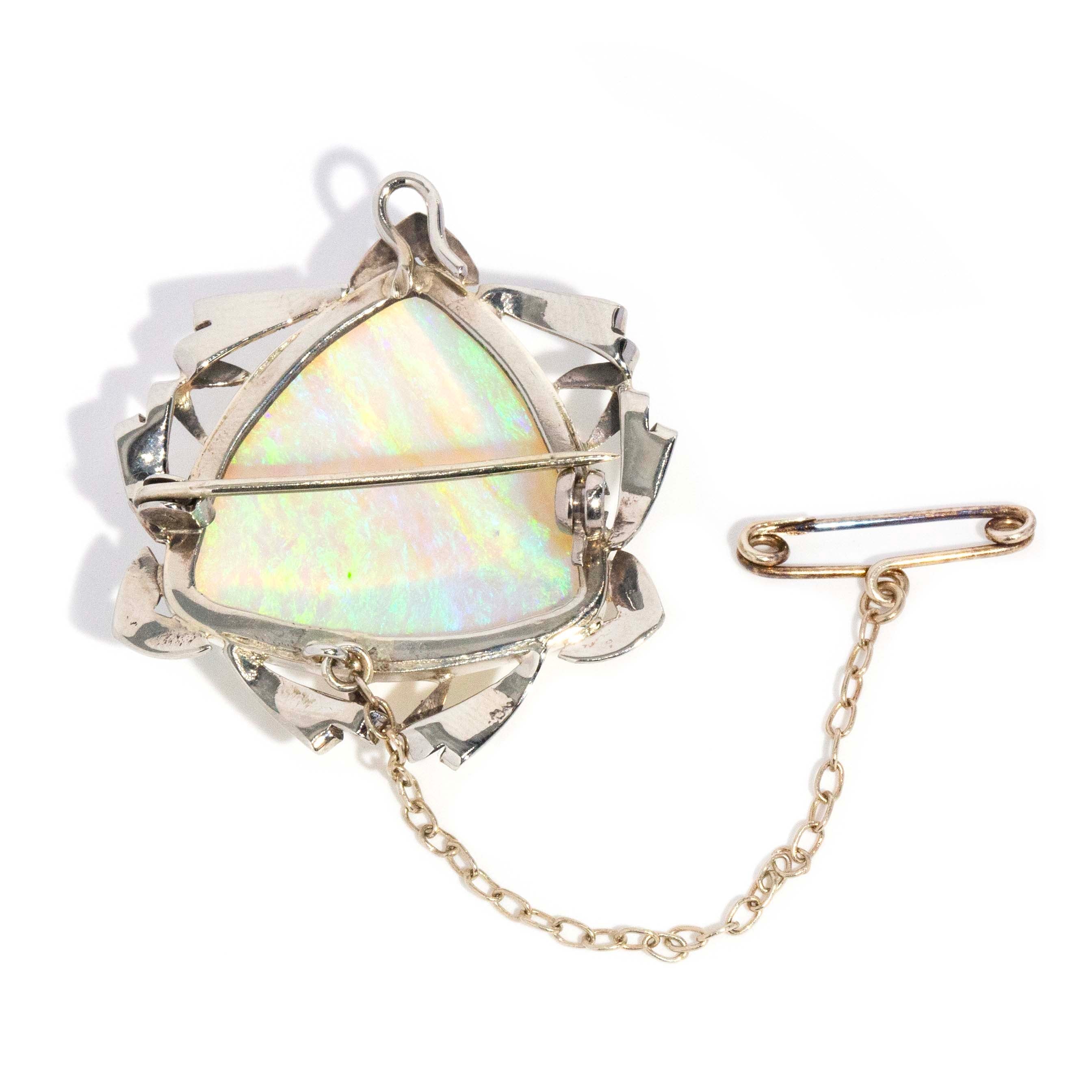 Anuhea 1950s Trilliant Crystal Opal Brooch 9ct White Gold Brooches Imperial Jewellery 