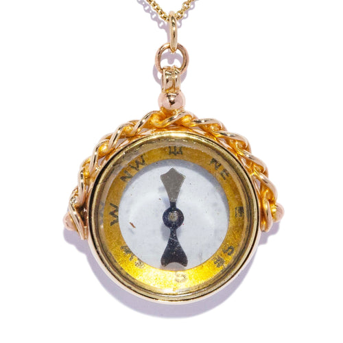 Anwar Antique Working Compass Pendant 9K Yellow Gold