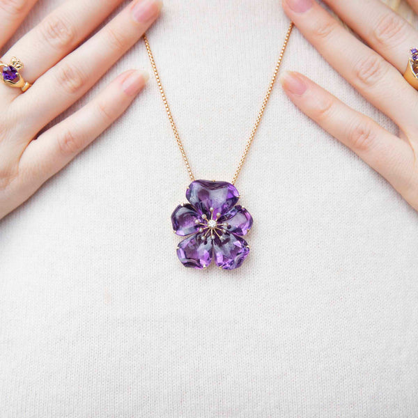 Arabella 1980s Amethyst & Pearl Flower 14ct Pendant & 9ct Chain* DRAFT Pendants/Necklaces Imperial Jewellery 
