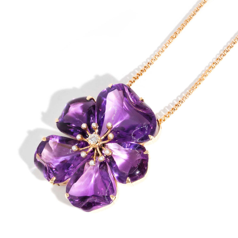 Arabella 1980s Amethyst & Pearl Flower 14ct Pendant & 9ct Chain* DRAFT Pendants/Necklaces Imperial Jewellery 