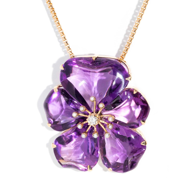 Arabella 1980s Amethyst & Pearl Flower 14ct Pendant & 9ct Chain* DRAFT Pendants/Necklaces Imperial Jewellery Imperial Jewellery - Hamilton 