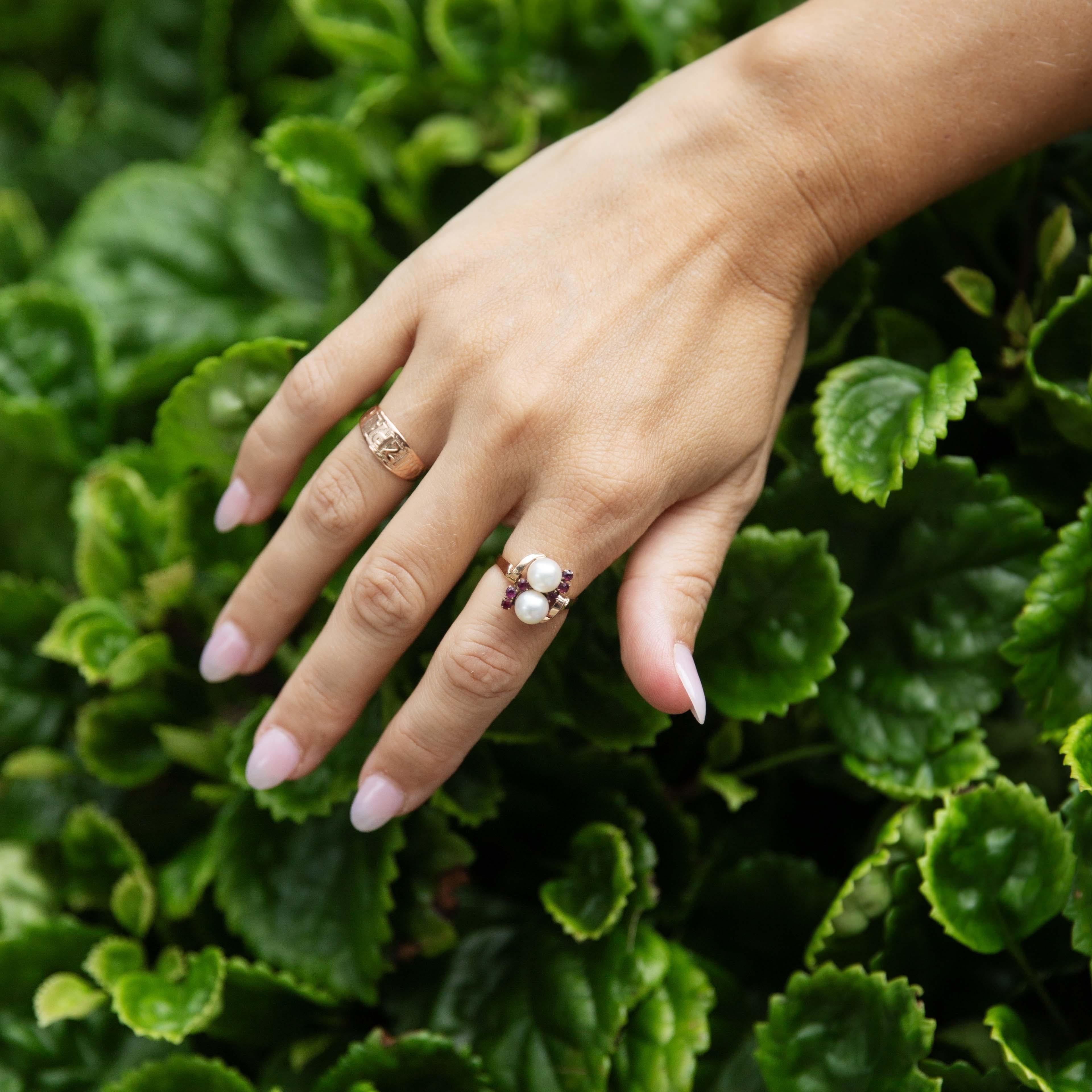 Vintage Circa 1960s Pearl & Ruby Crossover Ring 14 Carat Yellow Gold