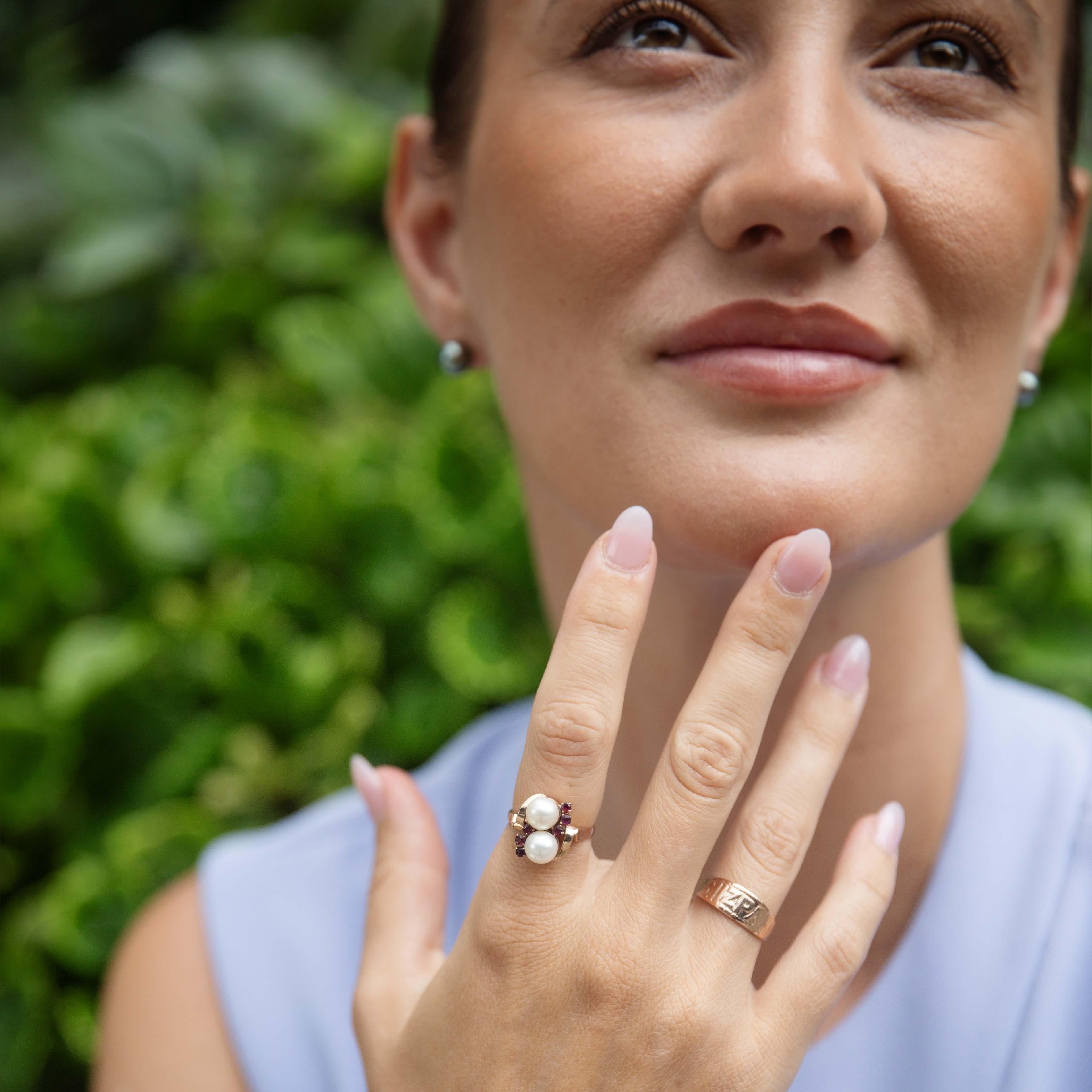 Vintage Circa 1960s Pearl & Ruby Crossover Ring 14 Carat Yellow Gold