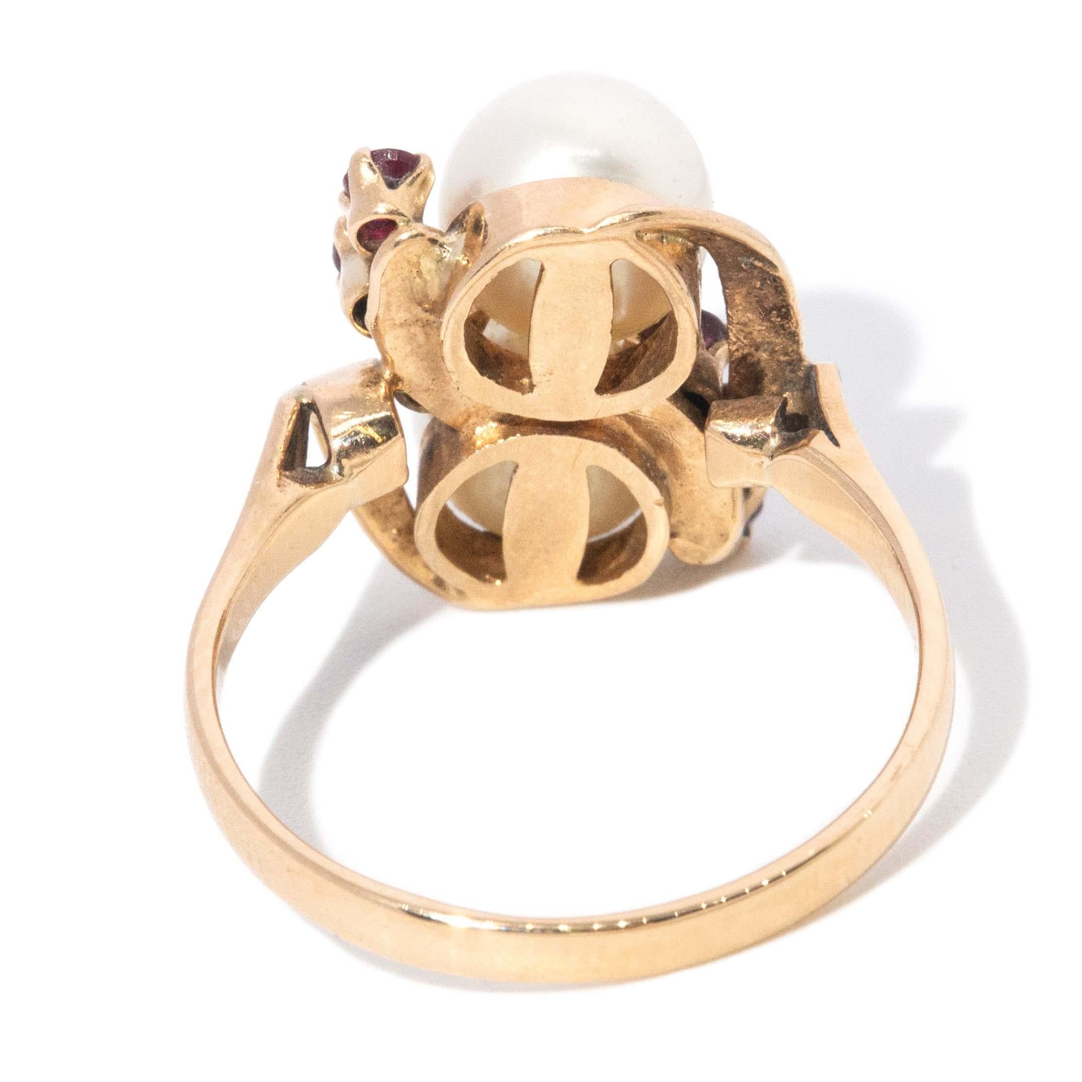 Vintage Circa 1960s Pearl & Ruby Crossover Ring 14 Carat Yellow Gold
