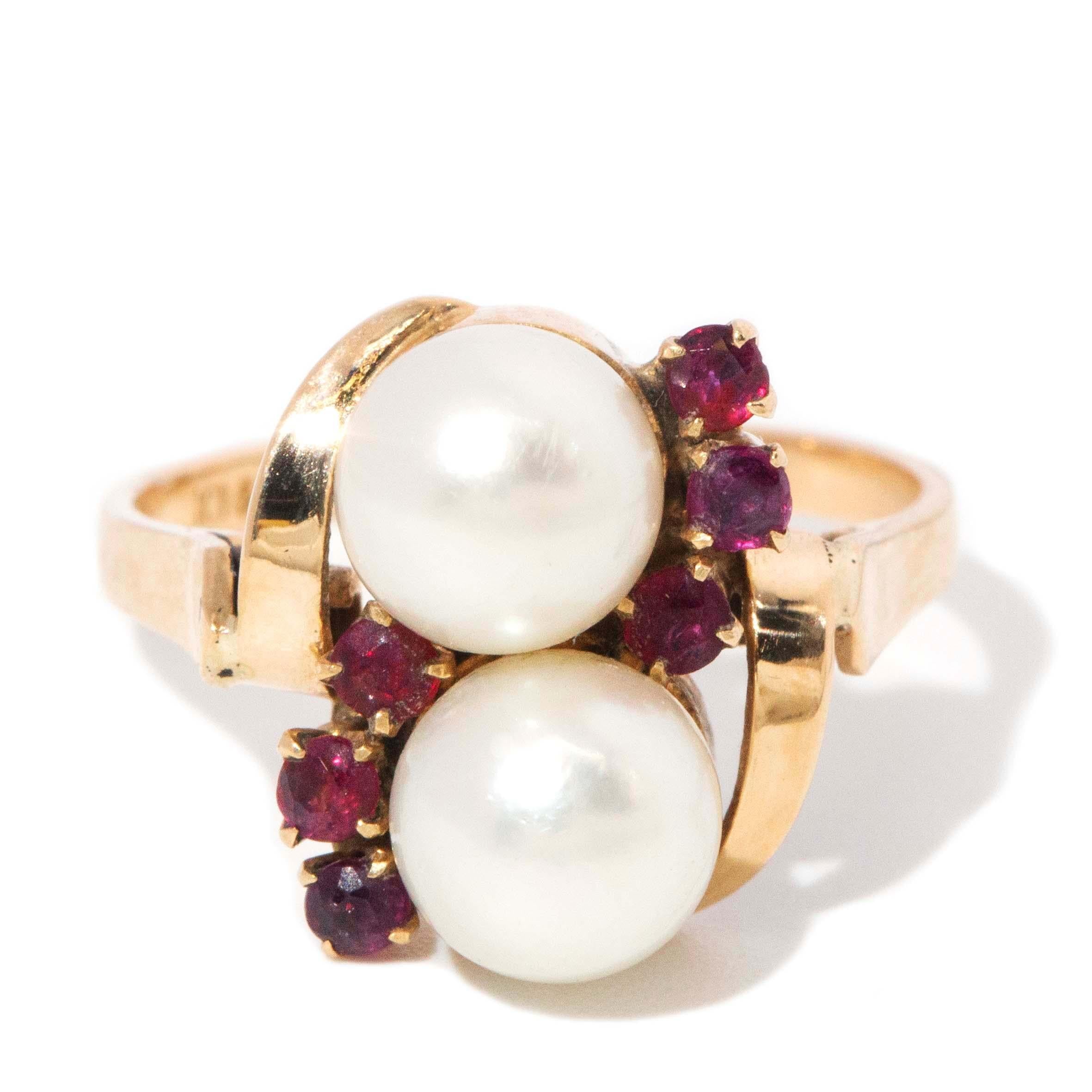 Vintage Circa 1960s Pearl & Ruby Crossover Ring 14 Carat Yellow Gold
