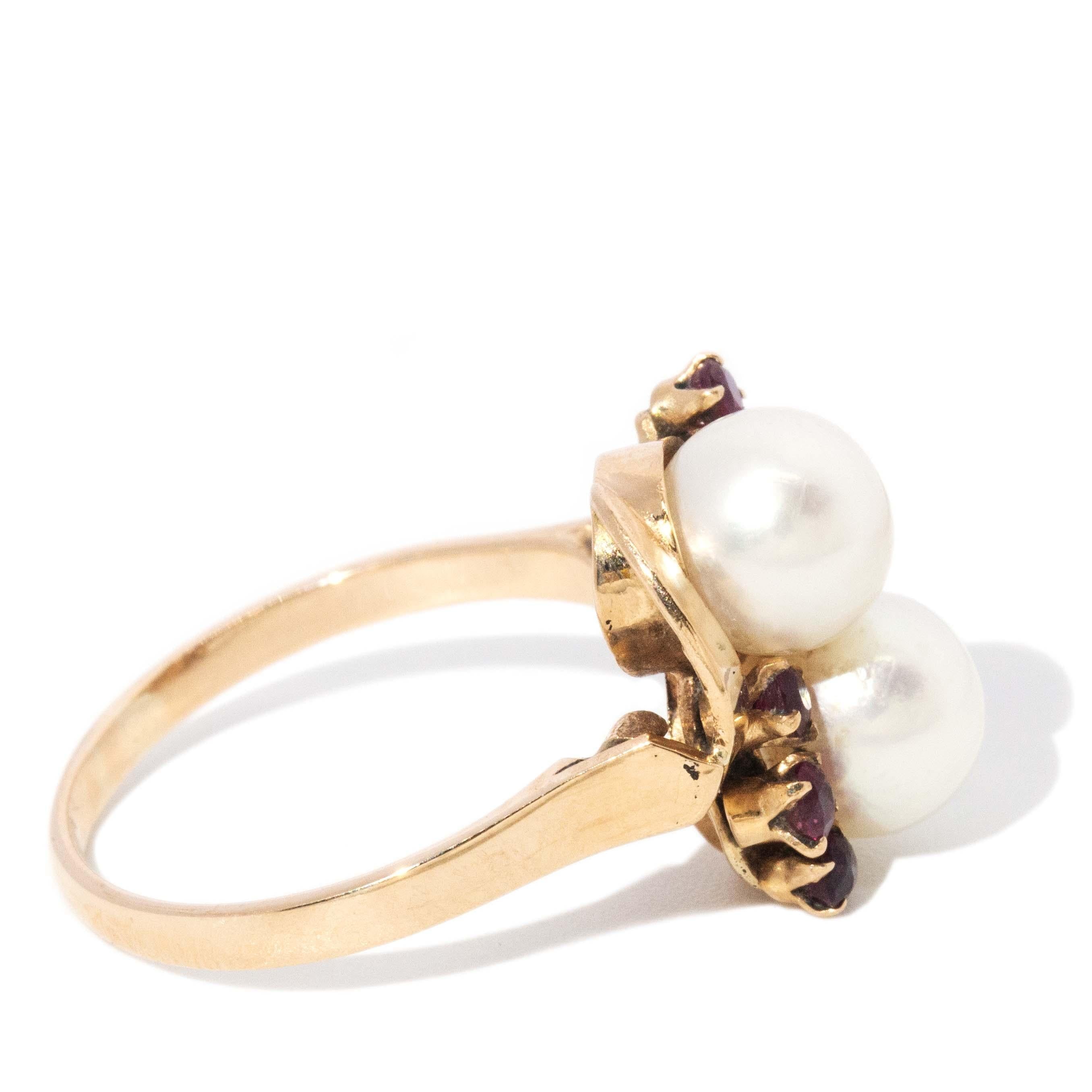 Vintage Circa 1960s Pearl & Ruby Crossover Ring 14 Carat Yellow Gold