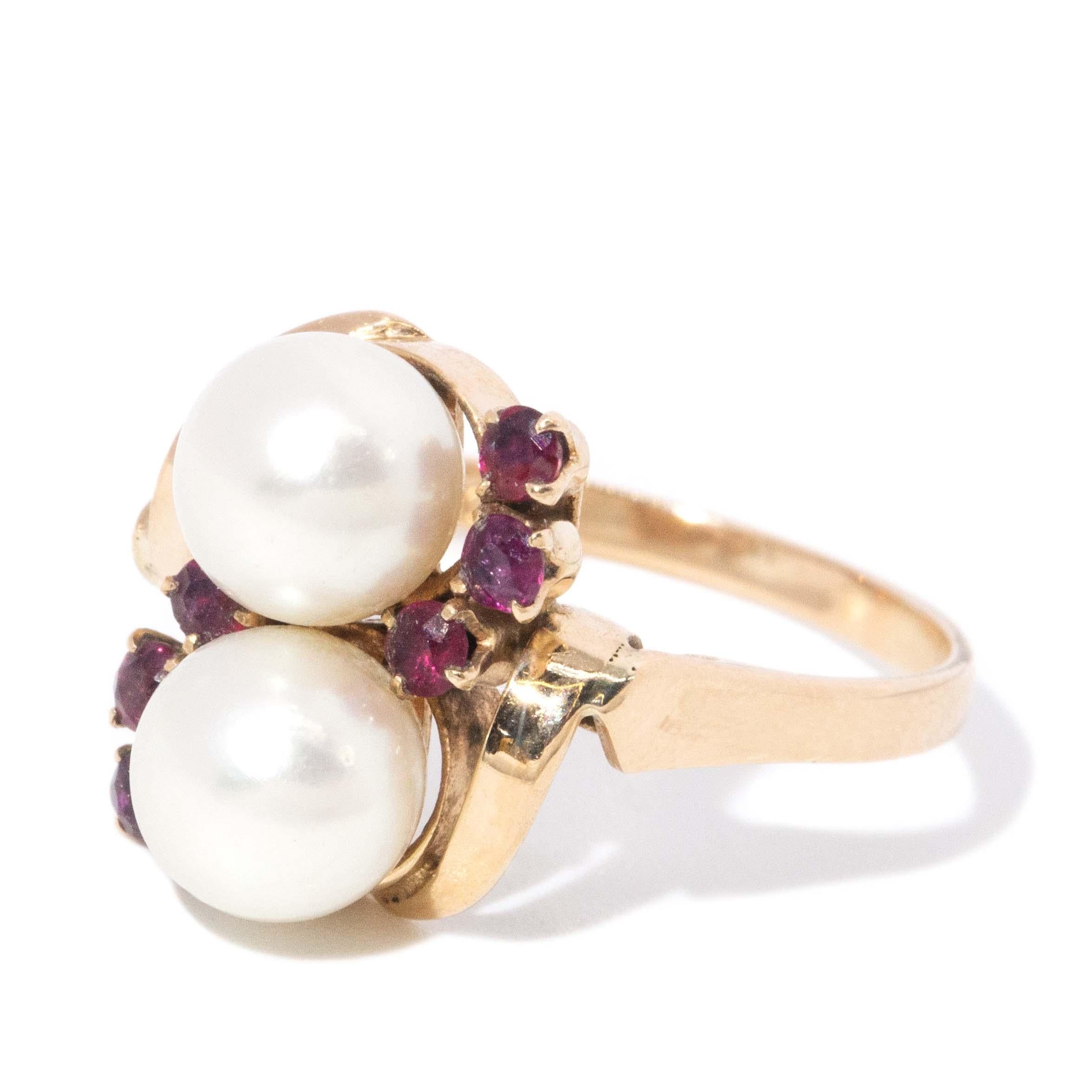 Vintage Circa 1960s Pearl & Ruby Crossover Ring 14 Carat Yellow Gold