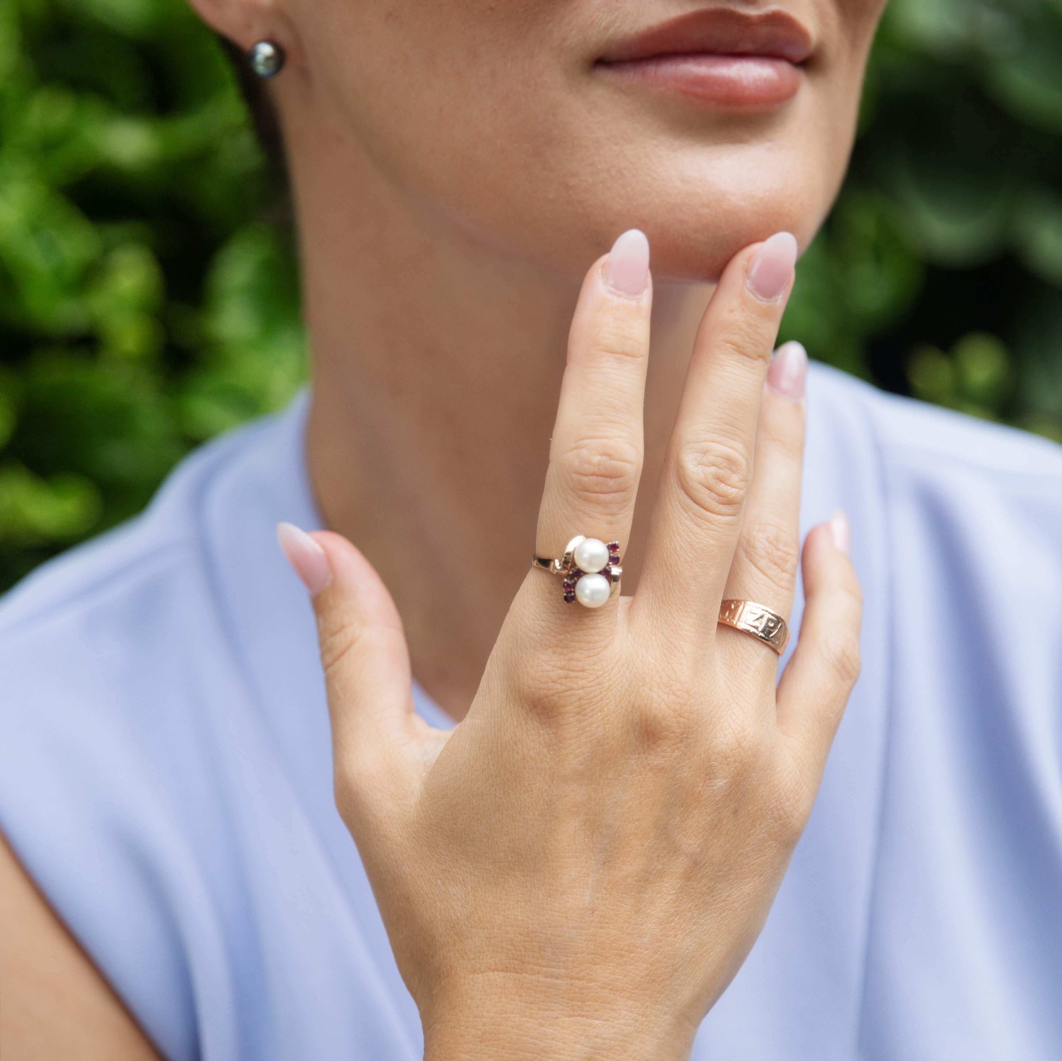 Vintage Circa 1960s Pearl & Ruby Crossover Ring 14 Carat Yellow Gold