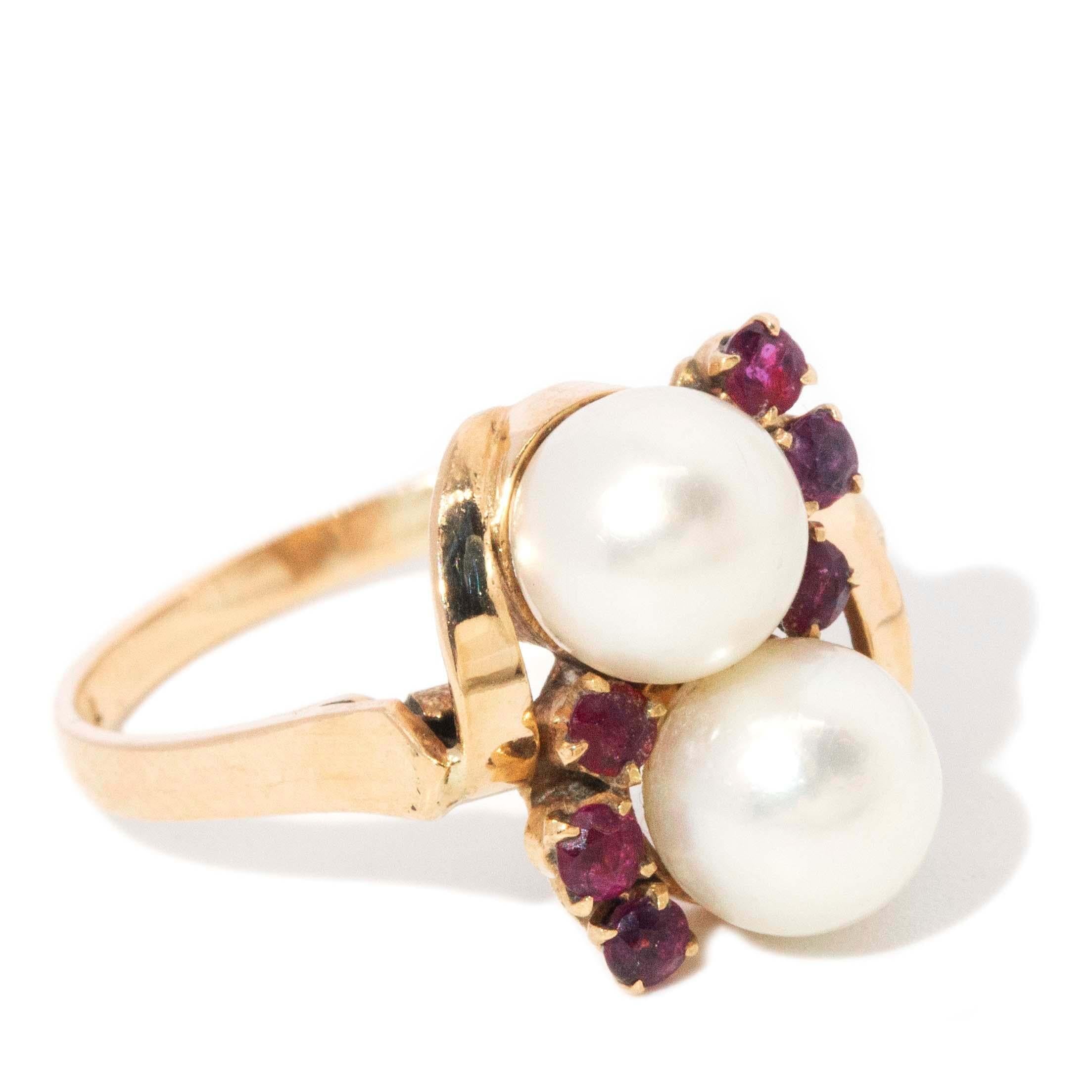 Vintage Circa 1960s Pearl & Ruby Crossover Ring 14 Carat Yellow Gold