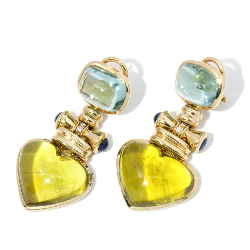 Contemporary Aquamarine & Tourmaline Heart Earrings 18 Carat Gold