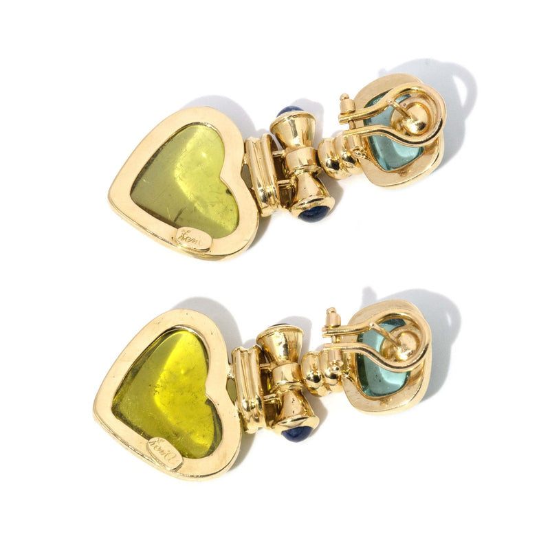 Contemporary Aquamarine & Tourmaline Heart Earrings 18 Carat Gold