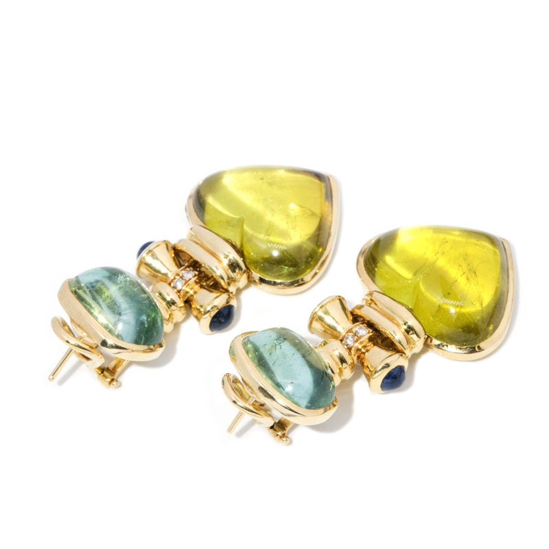 Contemporary Aquamarine & Tourmaline Heart Earrings 18 Carat Gold