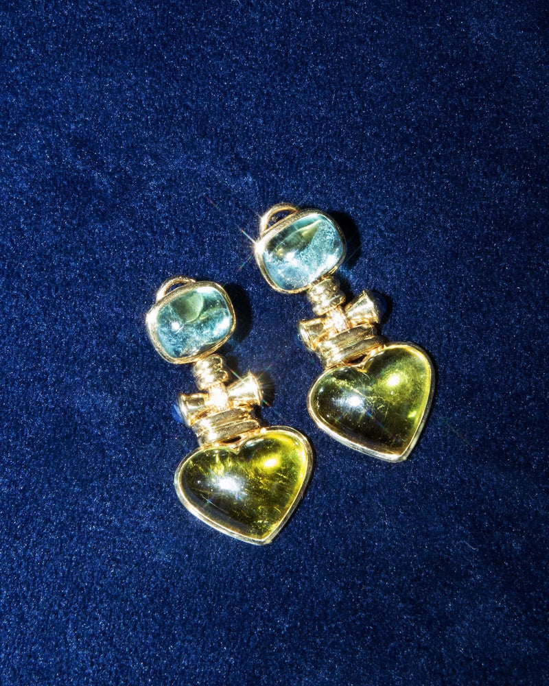 Contemporary Aquamarine & Tourmaline Heart Earrings 18 Carat Gold