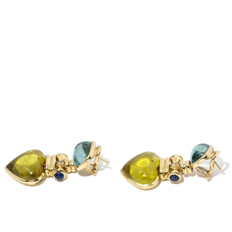 Contemporary Aquamarine & Tourmaline Heart Earrings 18 Carat Gold