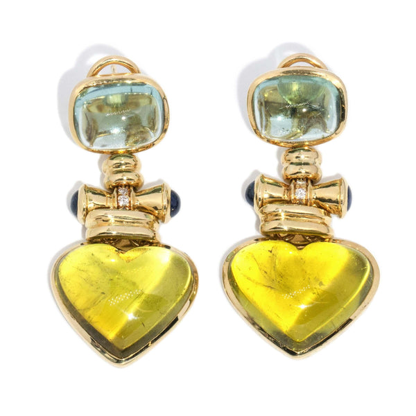 Contemporary Aquamarine & Tourmaline Heart Earrings 18 Carat Gold