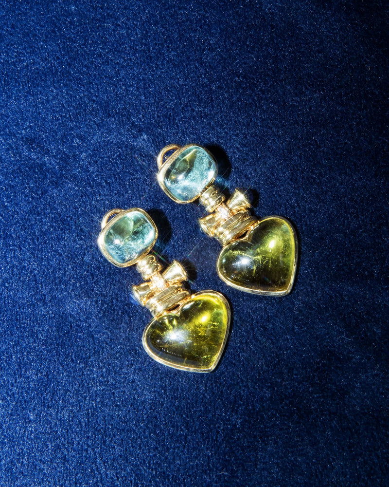 Contemporary Aquamarine & Tourmaline Heart Earrings 18 Carat Gold