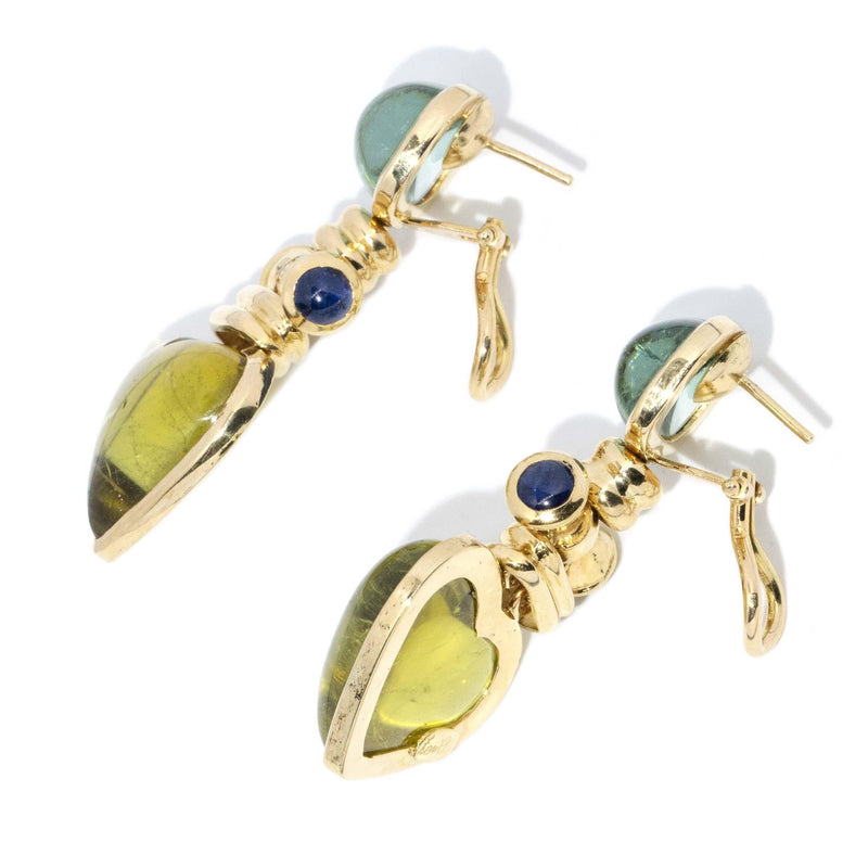 Contemporary Aquamarine & Tourmaline Heart Earrings 18 Carat Gold