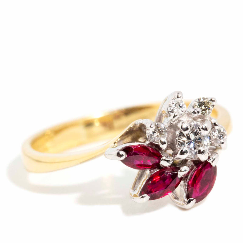 Ariel 1970s Ruby & Diamond Flower Cluster Ring 18ct Gold Rings Imperial Jewellery 