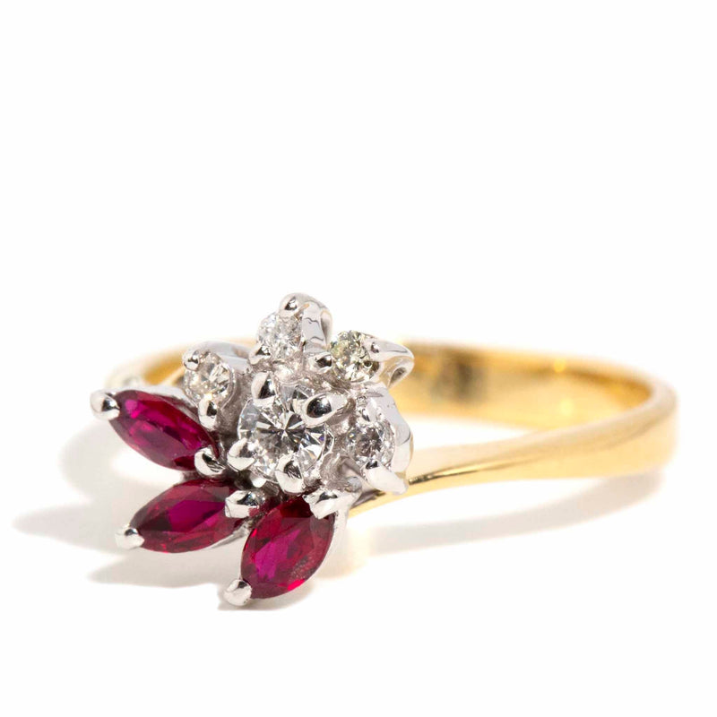 Ariel 1970s Ruby & Diamond Flower Cluster Ring 18ct Gold Rings Imperial Jewellery 