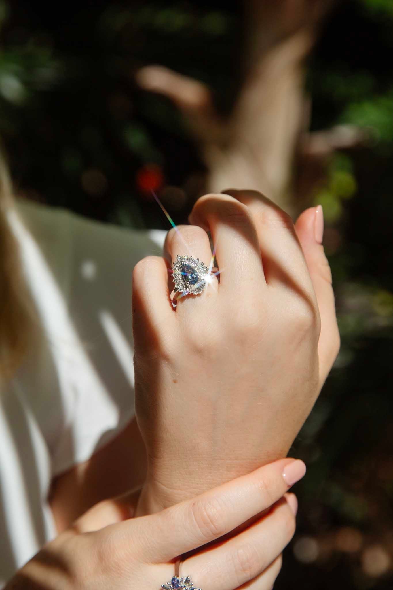 Asherah Pear Sapphire Double Halo RIng 18ct White Gold Rings Imperial Jewellery 