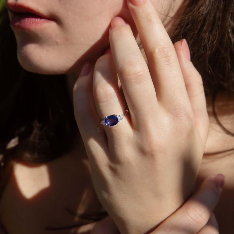 Contemporary Sapphire & Diamond Trilogy Ring 18 Carat White Gold