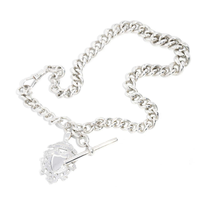 Antique 1901 Sterling Silver Shield Pendant & Curb Link Toggle Bar Chain