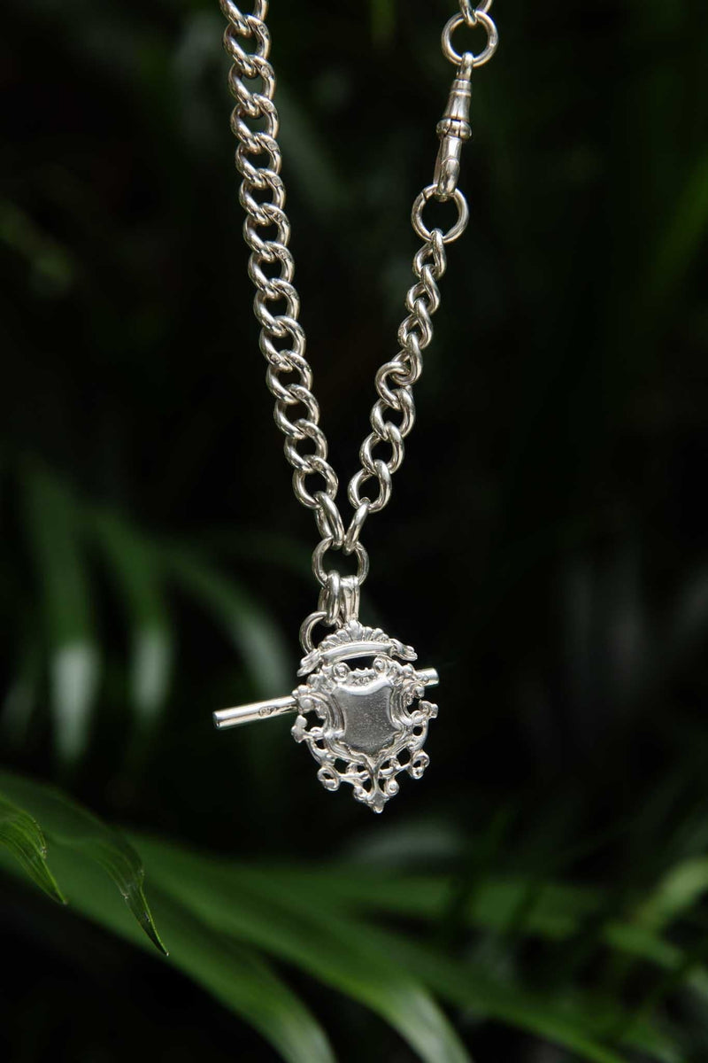 Antique 1901 Sterling Silver Shield Pendant & Curb Link Toggle Bar Chain