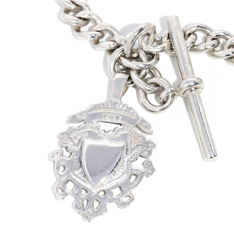 Antique 1901 Sterling Silver Shield Pendant & Curb Link Toggle Bar Chain