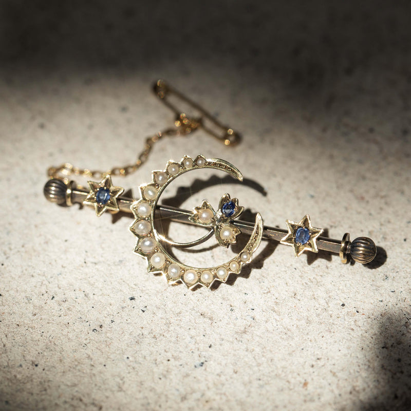 Antique Victorian 1890s Sapphire & Pearl Pendant 15 Carat Yellow Gold