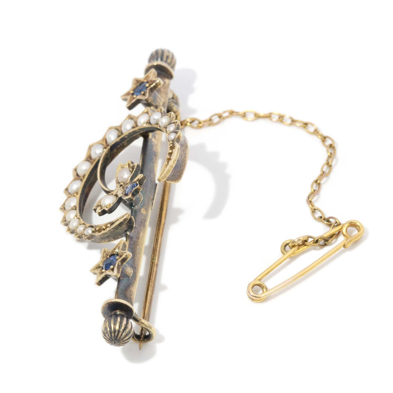 Antique Victorian 1890s Sapphire & Pearl Pendant 15 Carat Yellow Gold