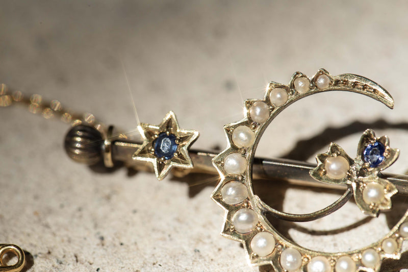 Antique Victorian 1890s Sapphire & Pearl Pendant 15 Carat Yellow Gold