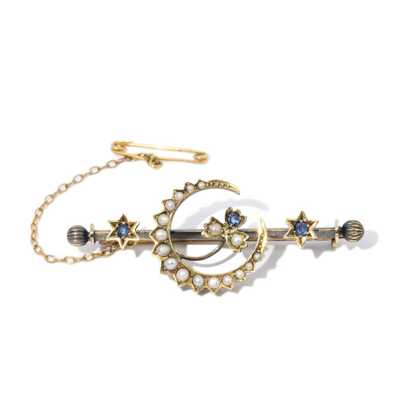 Antique Victorian 1890s Sapphire & Pearl Pendant 15 Carat Yellow Gold