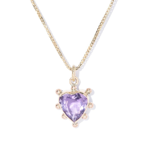 Antique Edwardian Amethyst Heart Pendant & Chain 9 Carat Gold