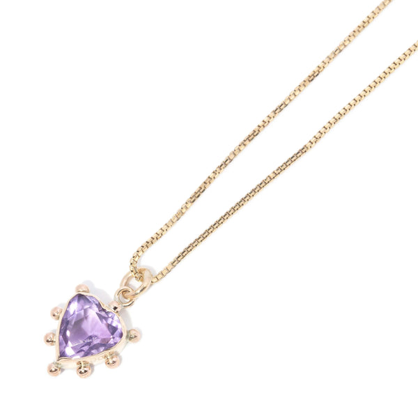 Antique Edwardian Amethyst Heart Pendant & Chain 9 Carat Gold