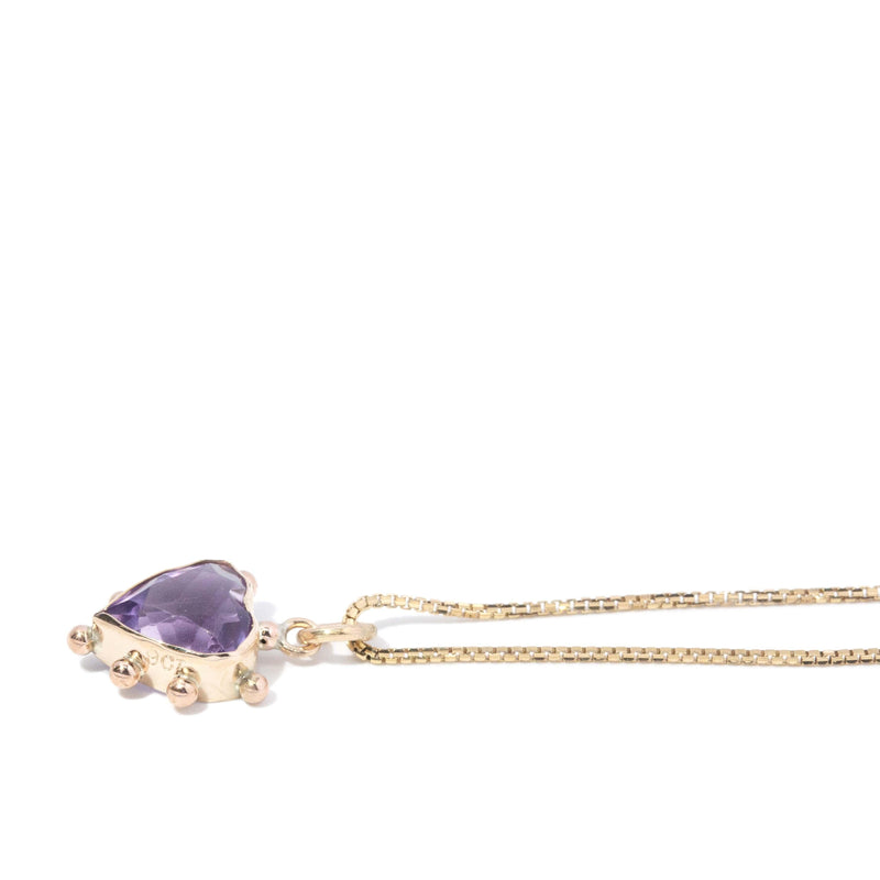 Antique Edwardian Amethyst Heart Pendant & Chain 9 Carat Gold