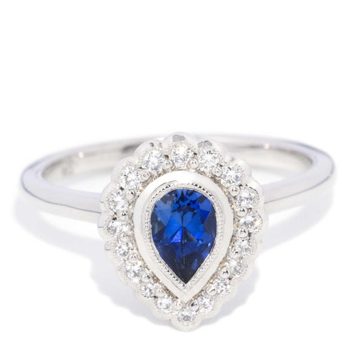 Aurelia Blue Sapphire & Diamond Halo Ring 18K White Gold