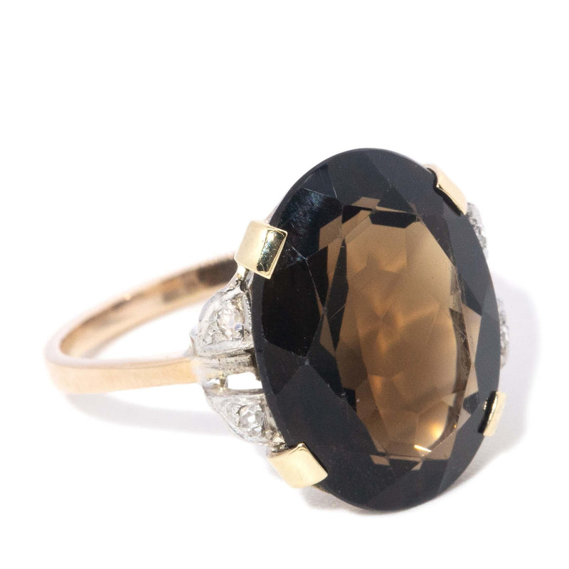 Vintage Circa 1960s Smokey Quartz Diamond Ring 11 Carat Yellow Gold