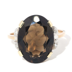 Vintage Circa 1960s Smokey Quartz Diamond Ring 11 Carat Yellow Gold