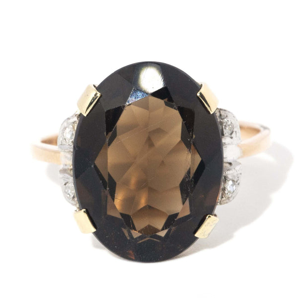 Vintage Circa 1960s Smokey Quartz Diamond Ring 11 Carat Yellow Gold