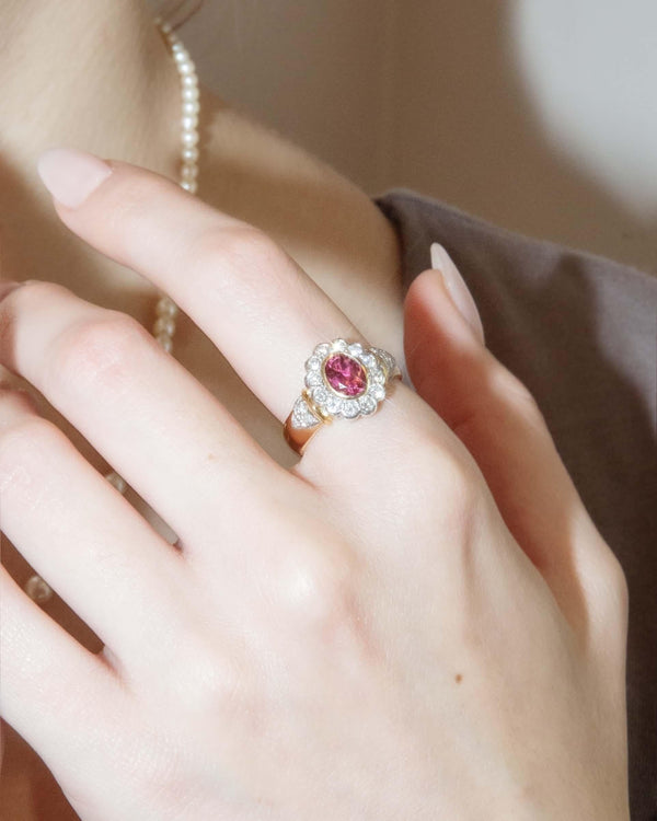 Contemporary Pink Tourmaline & Diamond Cluster Ring 18 Carat Gold