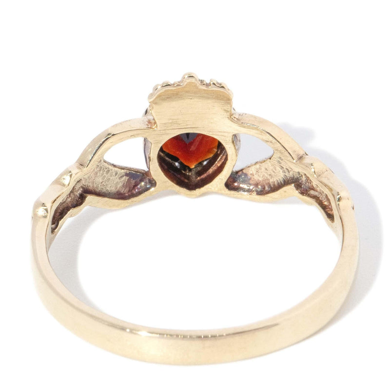 Vintage Circa 1990s Garnet Heart Claddagh Ring 9 Carat Gold