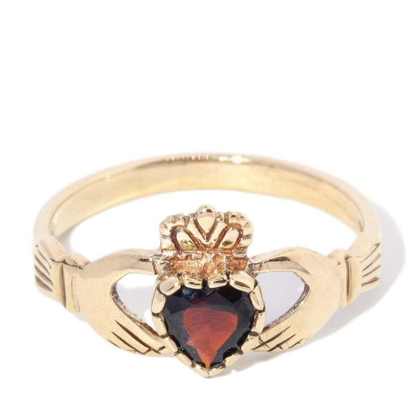Vintage Circa 1990s Garnet Heart Claddagh Ring 9 Carat Gold