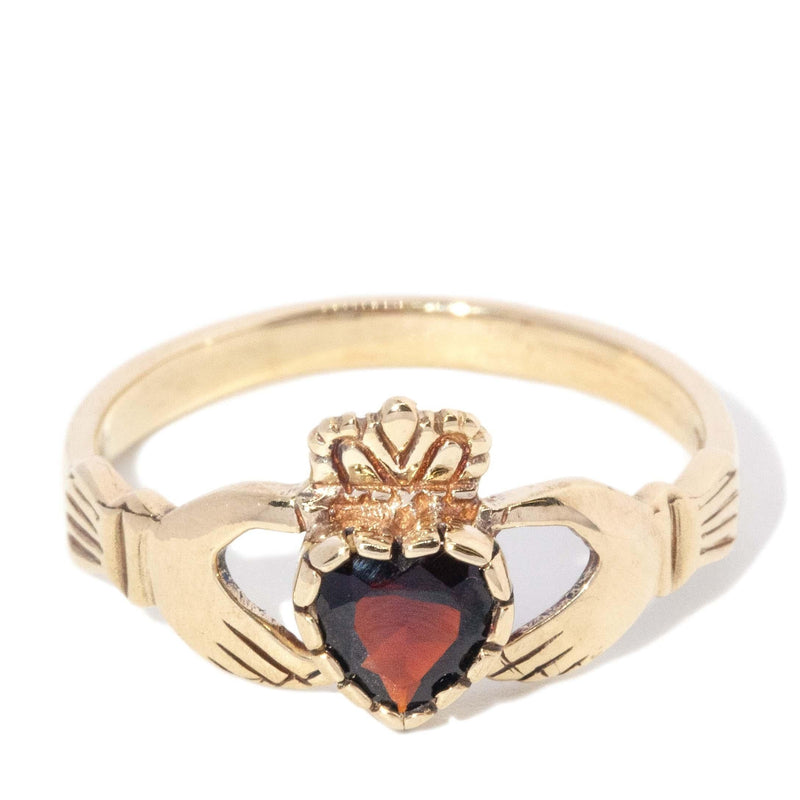 Vintage Circa 1990s Garnet Heart Claddagh Ring 9 Carat Gold