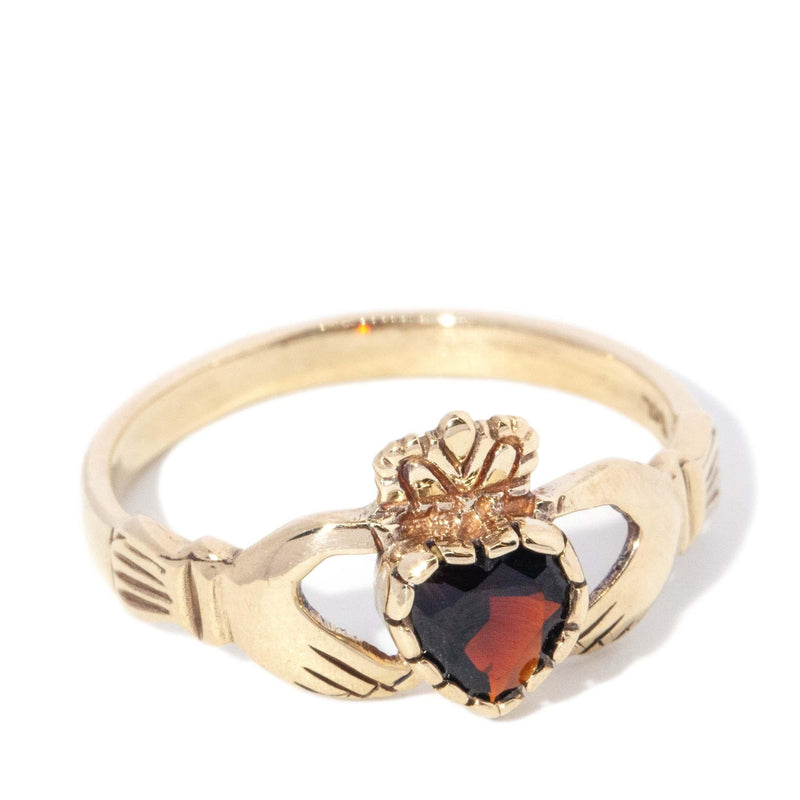 Vintage Circa 1990s Garnet Heart Claddagh Ring 9 Carat Gold