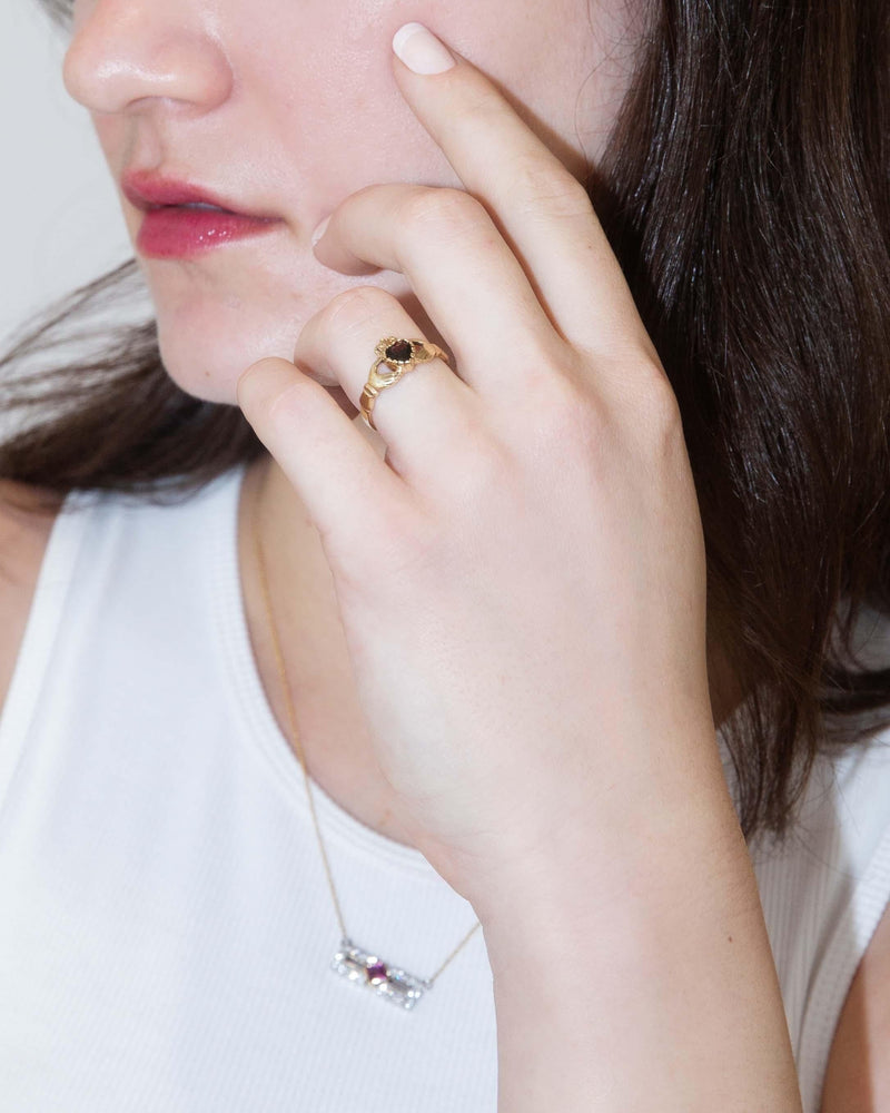 Vintage Circa 1990s Garnet Heart Claddagh Ring 9 Carat Gold