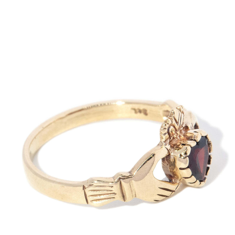 Vintage Circa 1990s Garnet Heart Claddagh Ring 9 Carat Gold