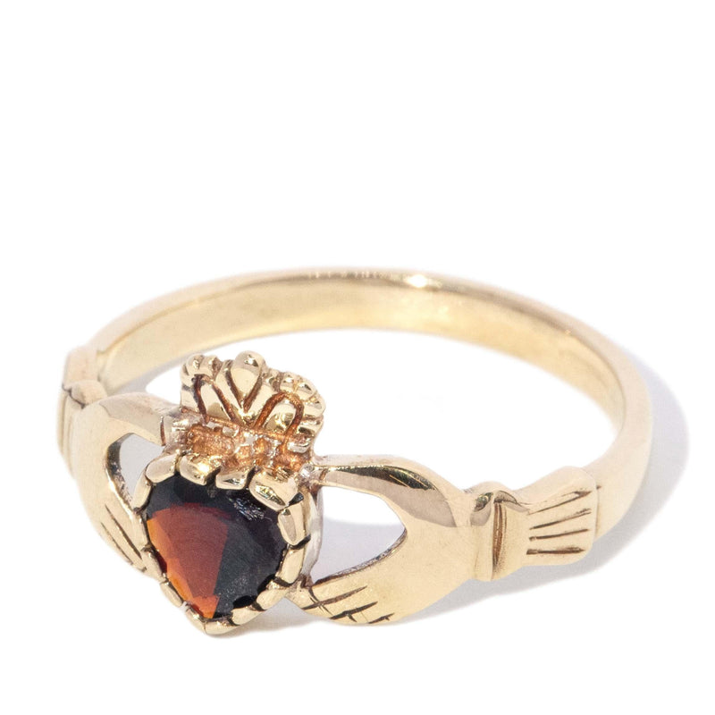 Vintage Circa 1990s Garnet Heart Claddagh Ring 9 Carat Gold